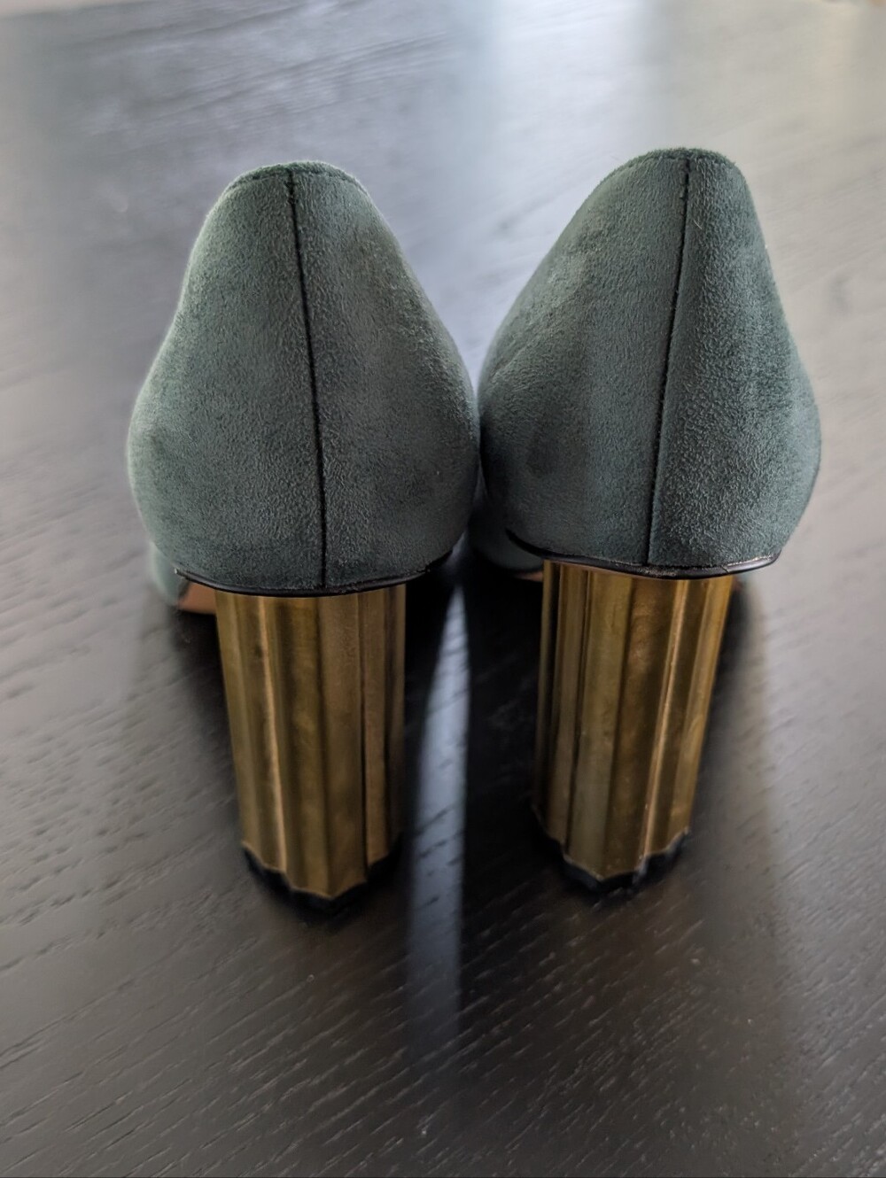 Katy Perry Collections Sage Green Suede Pumps with Gold Cylindrical Heel - Picture 4 of 5